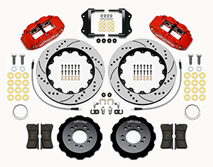 Wilwood Forged Narrow Superlite 6R Big Brake Front Brake Kit (Hat) Parts Laid Out - Red Powder Coat Caliper - SRP Drilled & Slotted Rotor