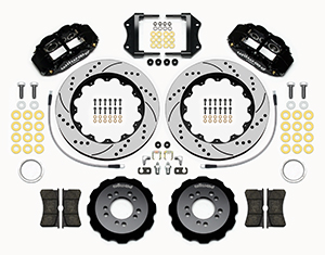 Wilwood Forged Narrow Superlite 6R Big Brake Front Brake Kit (Hat) Parts Laid Out - Black Powder Coat Caliper - SRP Drilled & Slotted Rotor