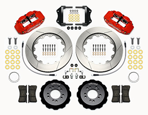 Wilwood Forged Narrow Superlite 6R Big Brake Front Brake Kit (Hat) Parts Laid Out - Red Powder Coat Caliper - GT Slotted Rotor