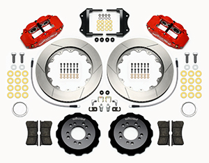 Wilwood Forged Narrow Superlite 6R Big Brake Front Brake Kit (Hat) Parts Laid Out - Red Powder Coat Caliper - GT Slotted Rotor