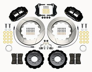 Wilwood Forged Narrow Superlite 6R Big Brake Front Brake Kit (Hat) Parts Laid Out - Black Powder Coat Caliper - GT Slotted Rotor