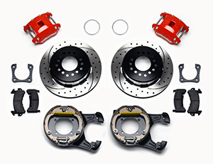 Wilwood D154 Rear Parking Brake Kit Parts Laid Out - Red Powder Coat Caliper - SRP Drilled & Slotted Rotor