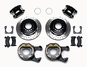 Wilwood D154 Rear Parking Brake Kit Parts Laid Out - Black Powder Coat Caliper - SRP Drilled & Slotted Rotor