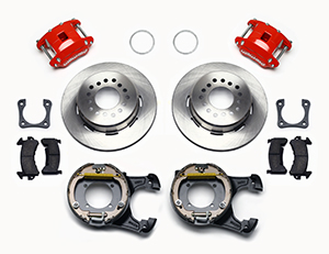 Wilwood D154 Rear Parking Brake Kit Parts Laid Out - Red Powder Coat Caliper - Plain Face Rotor