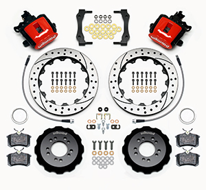 Wilwood Combination Parking Brake Caliper Rear Brake Kit Parts Laid Out - Red Powder Coat Caliper - SRP Drilled & Slotted Rotor