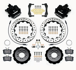 Wilwood Combination Parking Brake Caliper Rear Brake Kit Parts Laid Out - Black Powder Coat Caliper - SRP Drilled & Slotted Rotor