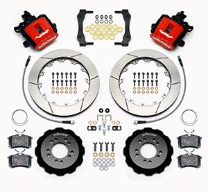 Wilwood Combination Parking Brake Caliper Rear Brake Kit Parts Laid Out - Red Powder Coat Caliper - GT Slotted Rotor