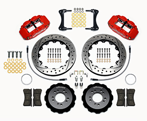 Wilwood Forged Narrow Superlite 6R Big Brake Front Brake Kit (Hat) Parts Laid Out - Red Powder Coat Caliper - SRP Drilled & Slotted Rotor