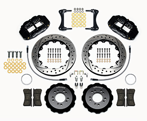 Wilwood Forged Narrow Superlite 6R Big Brake Front Brake Kit (Hat) Parts Laid Out - Black Powder Coat Caliper - SRP Drilled & Slotted Rotor