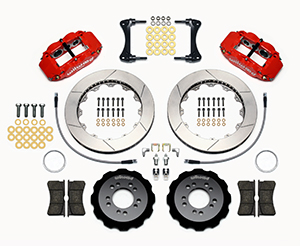 Wilwood Forged Narrow Superlite 6R Big Brake Front Brake Kit (Hat) Parts Laid Out - Red Powder Coat Caliper - GT Slotted Rotor