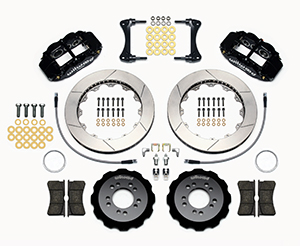 Wilwood Forged Narrow Superlite 6R Big Brake Front Brake Kit (Hat) Parts Laid Out - Black Powder Coat Caliper - GT Slotted Rotor