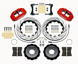 Wilwood Forged Narrow Superlite 6R Big Brake Front Brake Kit (Hat) Parts Laid Out - Red Powder Coat Caliper - SRP Drilled & Slotted Rotor