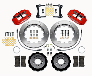 Wilwood Forged Narrow Superlite 6R Big Brake Front Brake Kit (Hat) Parts Laid Out - Red Powder Coat Caliper - GT Slotted Rotor