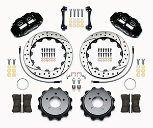 Wilwood Forged Narrow Superlite 4R Big Brake Rear Brake Kit For OE Parking Brake Parts Laid Out - Black Powder Coat Caliper - SRP Drilled & Slotted Rotor