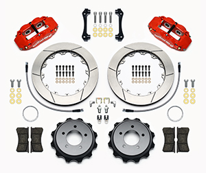 Wilwood Forged Narrow Superlite 4R Big Brake Rear Brake Kit For OE Parking Brake Parts Laid Out - Red Powder Coat Caliper - GT Slotted Rotor