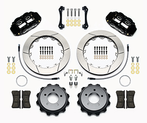 Wilwood Forged Narrow Superlite 4R Big Brake Rear Brake Kit For OE Parking Brake Parts Laid Out - Black Powder Coat Caliper - GT Slotted Rotor