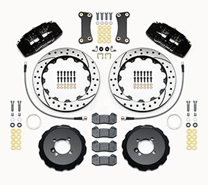 Wilwood Forged Dynapro 6 Big Brake Front Brake Kit (Hat) Parts Laid Out - Black Powder Coat Caliper - SRP Drilled & Slotted Rotor