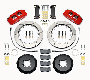 Wilwood Forged Dynapro 6 Big Brake Front Brake Kit (Hat) Parts Laid Out - Red Powder Coat Caliper - GT Slotted Rotor