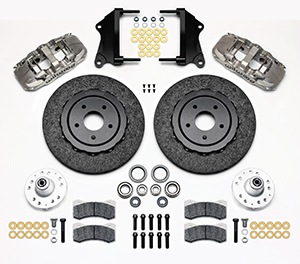 Wilwood AERO6 WCCB Carbon-Ceramic Big Brake Front Brake Kit Parts Laid Out - Nickel Plate Caliper - Plain Face Rotor