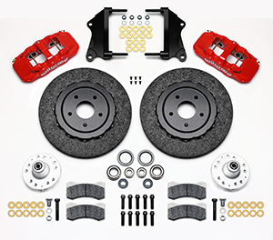 Wilwood AERO6 WCCB Carbon-Ceramic Big Brake Front Brake Kit Parts Laid Out - Red Powder Coat Caliper - Plain Face Rotor