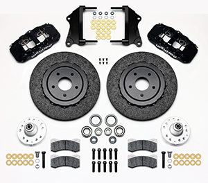 Wilwood AERO6 WCCB Carbon-Ceramic Big Brake Front Brake Kit Parts Laid Out - Black Powder Coat Caliper - Plain Face Rotor