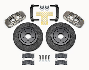 Wilwood AERO6 WCCB Carbon-Ceramic Big Brake Front Brake Kit Parts Laid Out - Nickel Plate Caliper - Plain Face Rotor