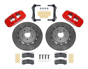 Wilwood AERO4 WCCB Carbon-Ceramic Big Brake Rear OE Parking Brake Kit Parts Laid Out - Red Powder Coat Caliper - Plain Face Rotor