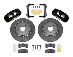 Wilwood AERO4 WCCB Carbon-Ceramic Big Brake Rear OE Parking Brake Kit Parts Laid Out - Black Powder Coat Caliper - Plain Face Rotor