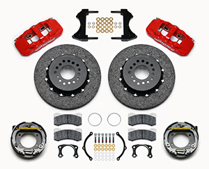 Wilwood AERO4 WCCB Carbon-Ceramic Big Brake Rear Parking Brake Kit Parts Laid Out - Red Powder Coat Caliper - Plain Face Rotor