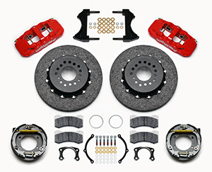 Wilwood AERO4 WCCB Carbon-Ceramic Big Brake Rear Parking Brake Kit Parts Laid Out - Red Powder Coat Caliper - Plain Face Rotor