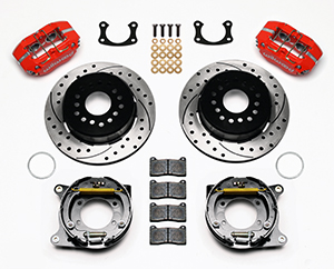 Wilwood Dynapro Lug Mount Rear Parking Brake Kit Parts Laid Out - Red Powder Coat Caliper - SRP Drilled & Slotted Rotor