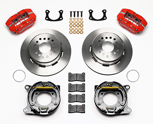 Wilwood Dynapro Lug Mount Rear Parking Brake Kit Parts Laid Out - Red Powder Coat Caliper - Plain Face Rotor