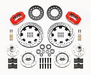 Wilwood Forged Dynalite Big Brake Front Brake Kit (Hub) Parts Laid Out - Red Powder Coat Caliper - SRP Drilled & Slotted Rotor