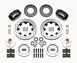 Wilwood Forged Dynalite Big Brake Front Brake Kit (Hub) Parts Laid Out - Black Powder Coat Caliper - SRP Drilled & Slotted Rotor