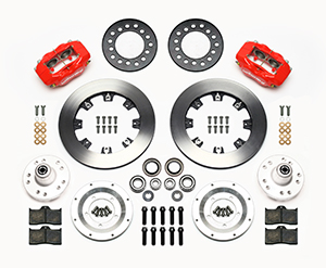 Wilwood Forged Dynalite Big Brake Front Brake Kit (Hub) Parts Laid Out - Red Powder Coat Caliper - Plain Face Rotor