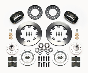 Wilwood Forged Dynalite Big Brake Front Brake Kit (Hub) Parts Laid Out - Black Powder Coat Caliper - Plain Face Rotor