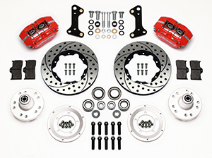 Wilwood Dynapro Dust-Boot Pro Series Front Brake Kit Parts Laid Out - Red Powder Coat Caliper - SRP Drilled & Slotted Rotor