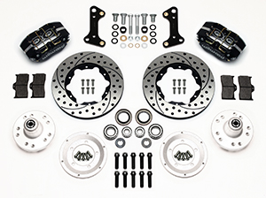 Wilwood Dynapro Dust-Boot Pro Series Front Brake Kit Parts Laid Out - Black Powder Coat Caliper - SRP Drilled & Slotted Rotor
