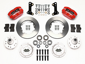 Wilwood Dynapro Dust-Boot Pro Series Front Brake Kit Parts Laid Out - Red Powder Coat Caliper - Plain Face Rotor