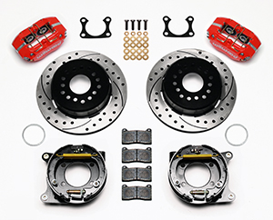 Wilwood Dynapro Dust-Boot Rear Parking Brake Kit Parts Laid Out - Red Powder Coat Caliper - SRP Drilled & Slotted Rotor