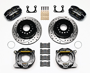 Wilwood Dynapro Dust-Boot Rear Parking Brake Kit Parts Laid Out - Black Powder Coat Caliper - SRP Drilled & Slotted Rotor