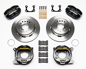 Wilwood Dynapro Dust-Boot Rear Parking Brake Kit Parts Laid Out - Black Powder Coat Caliper - Plain Face Rotor