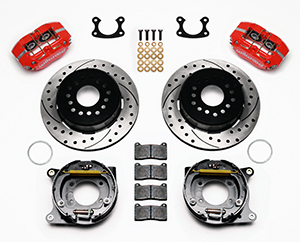 Wilwood Dynapro Dust-Boot Rear Parking Brake Kit Parts Laid Out - Red Powder Coat Caliper - SRP Drilled & Slotted Rotor