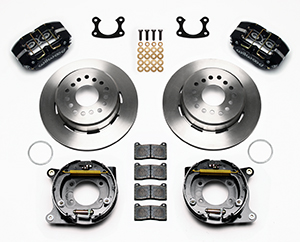 Wilwood Dynapro Dust-Boot Rear Parking Brake Kit Parts Laid Out - Black Powder Coat Caliper - Plain Face Rotor