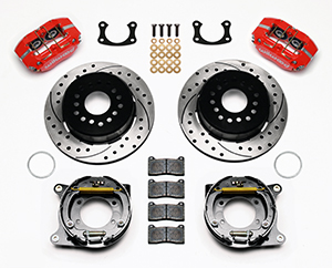 Wilwood Dynapro Dust-Boot Rear Parking Brake Kit Parts Laid Out - Red Powder Coat Caliper - SRP Drilled & Slotted Rotor