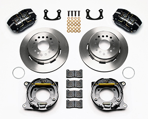 Wilwood Dynapro Dust-Boot Rear Parking Brake Kit Parts Laid Out - Black Powder Coat Caliper - Plain Face Rotor