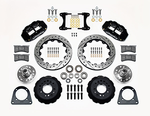 Wilwood Forged Narrow Superlite 6R Big Brake Front Brake Kit (Hub) Parts Laid Out - Black Powder Coat Caliper - SRP Drilled & Slotted Rotor