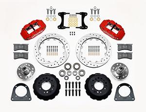 Wilwood Forged Narrow Superlite 6R Big Brake Front Brake Kit (Hub) Parts Laid Out - Red Powder Coat Caliper - SRP Drilled & Slotted Rotor