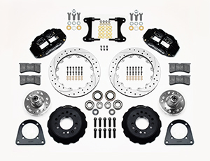 Wilwood Forged Narrow Superlite 6R Big Brake Front Brake Kit (Hub) Parts Laid Out - Black Powder Coat Caliper - SRP Drilled & Slotted Rotor