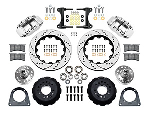 Wilwood Forged Narrow Superlite 6R Big Brake Front Brake Kit (Hub) Parts Laid Out - Polish Caliper - SRP Drilled & Slotted Rotor